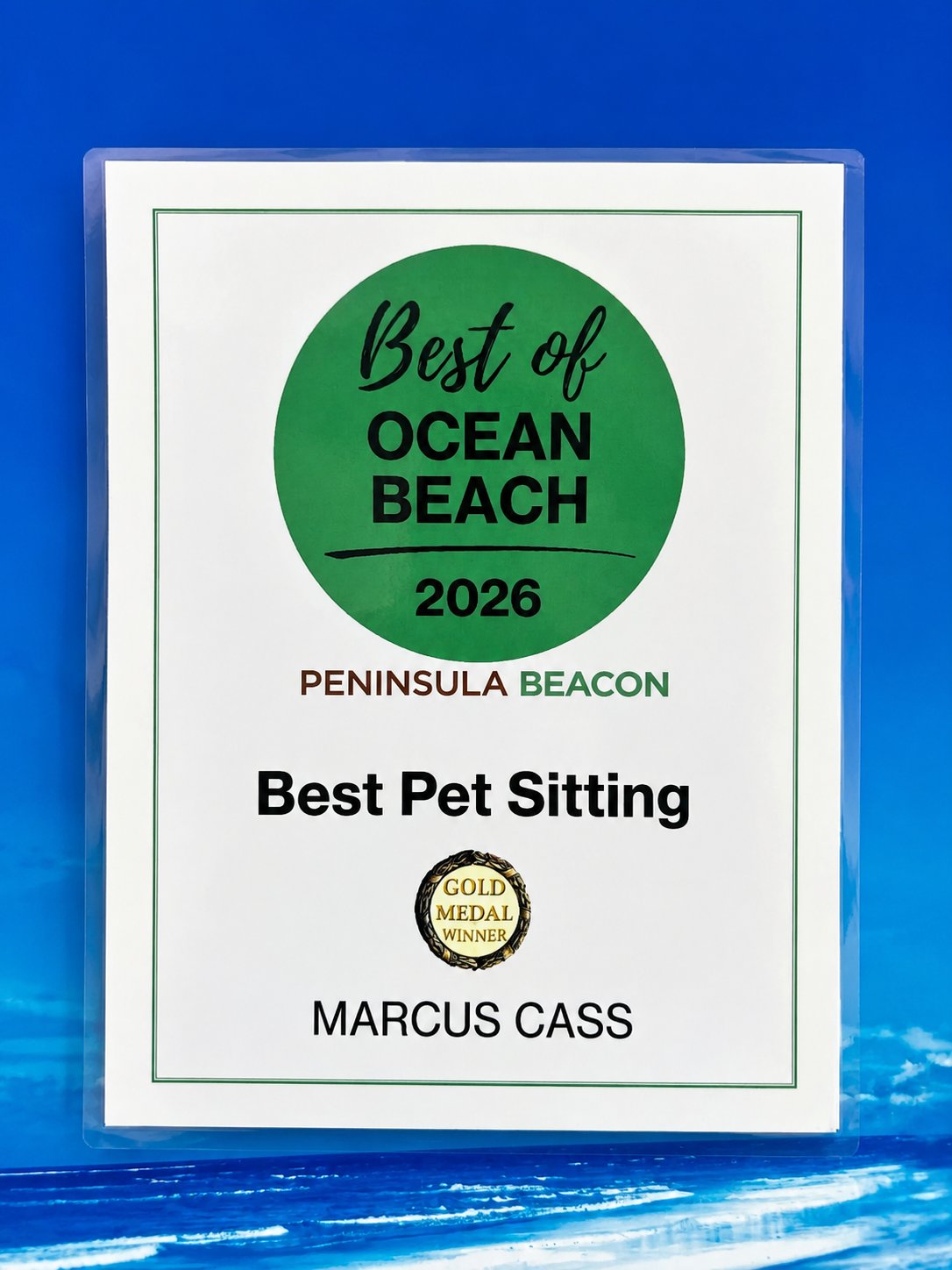 2026 Best of Ocean Beach Gold Medal award for Pet Sitting